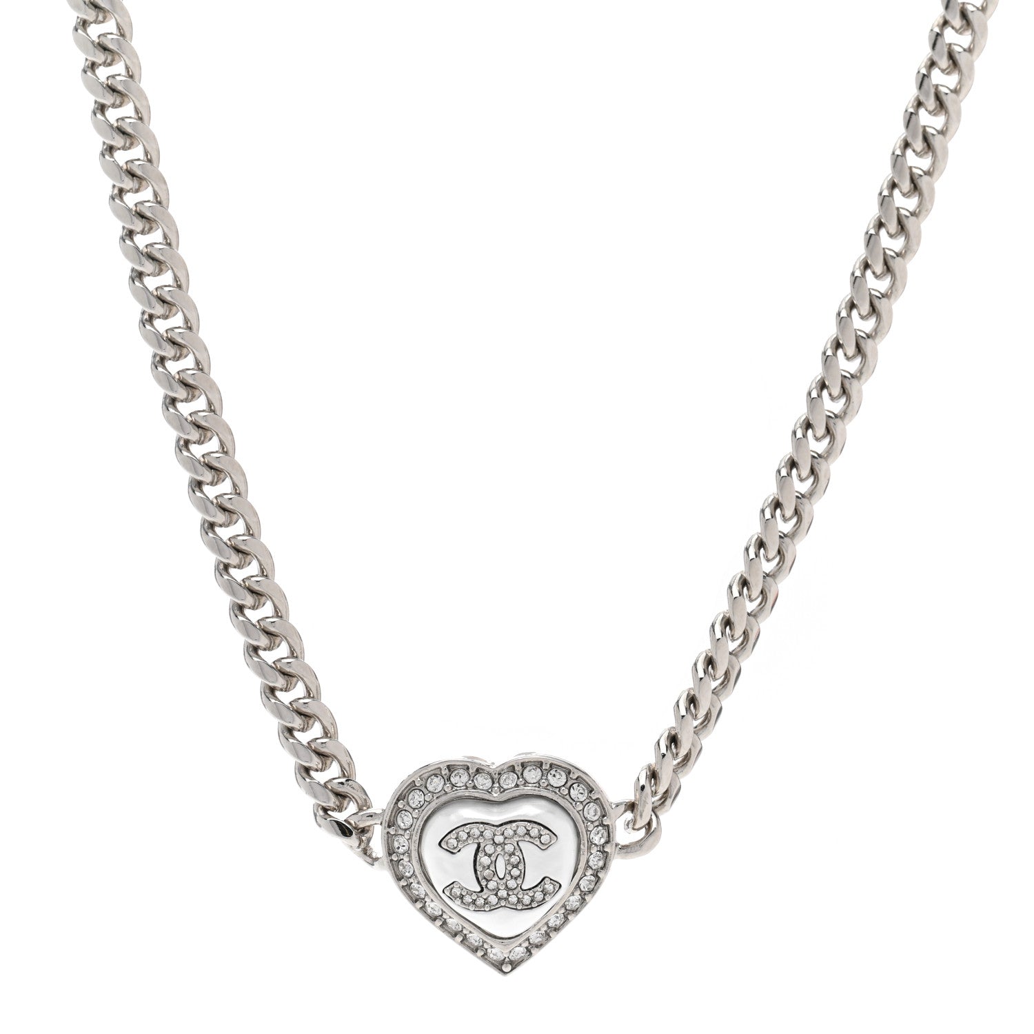 Chanel Pearl Crystal CC Heart Choker Necklace Silver Blue Gold 1 of 5