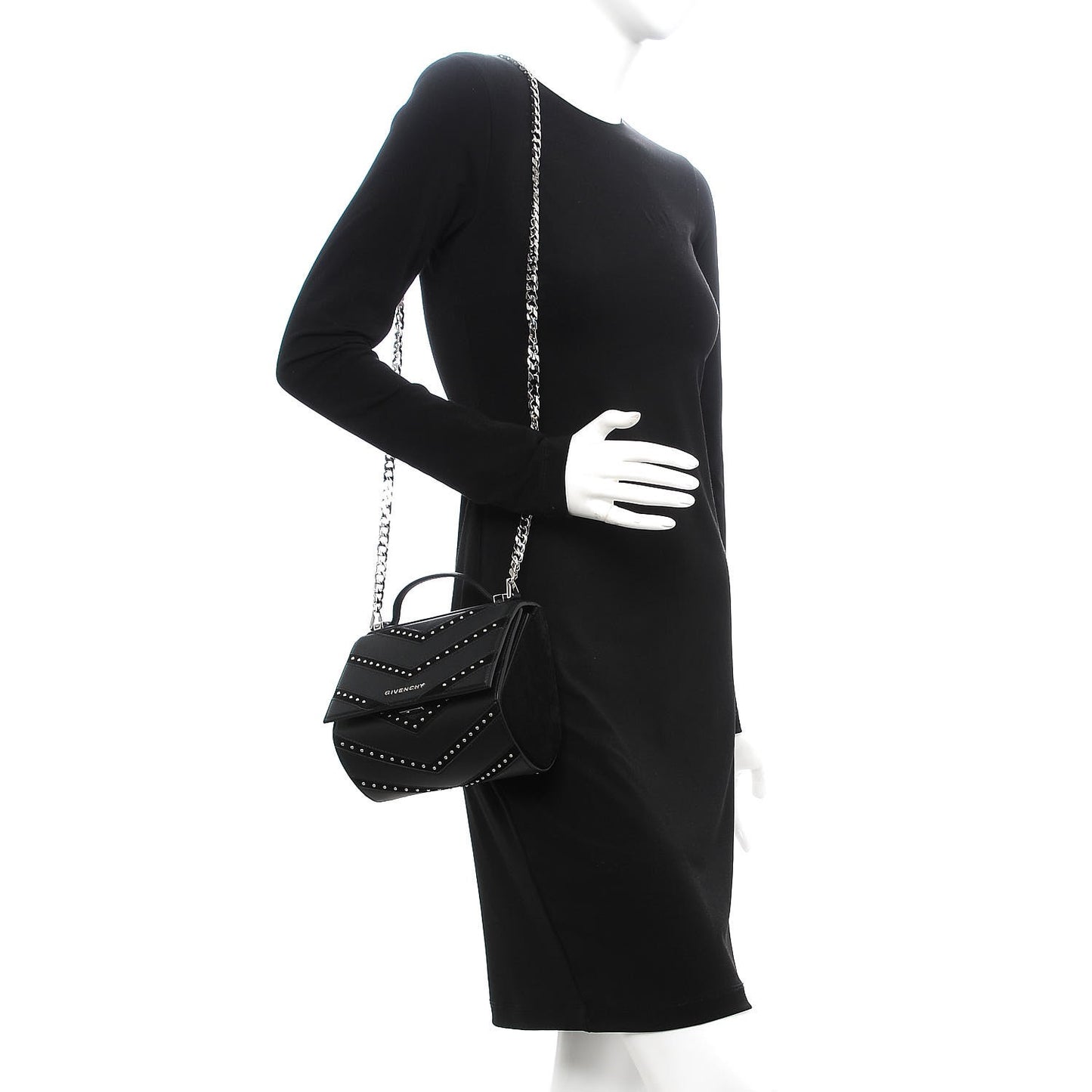 Calfskin Suede Mini Studded Chevron Pandora Box Crossbody Bag Black
