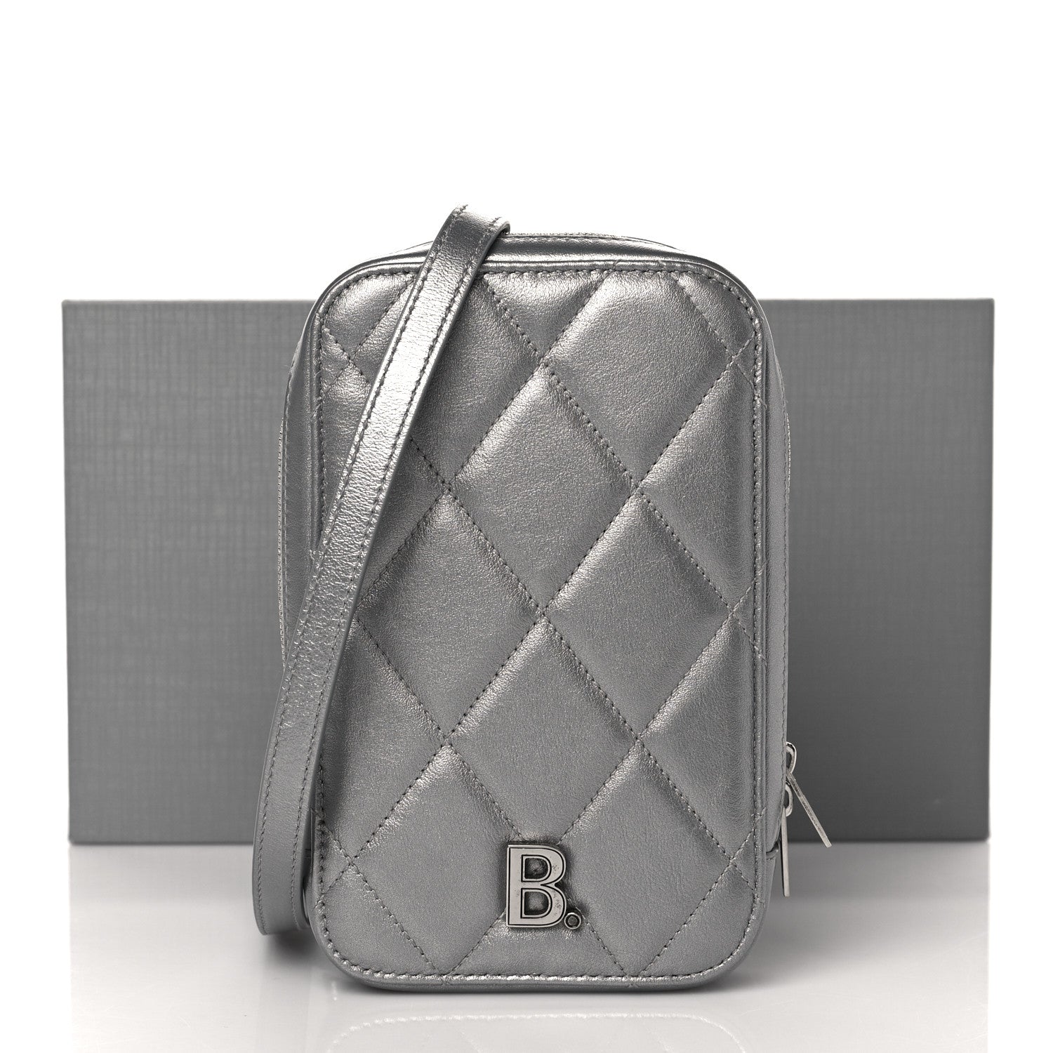 Balenciaga Metallic Nappa Calfskin Quilted Touch B Phone Holder Bag Silver 11 of 11