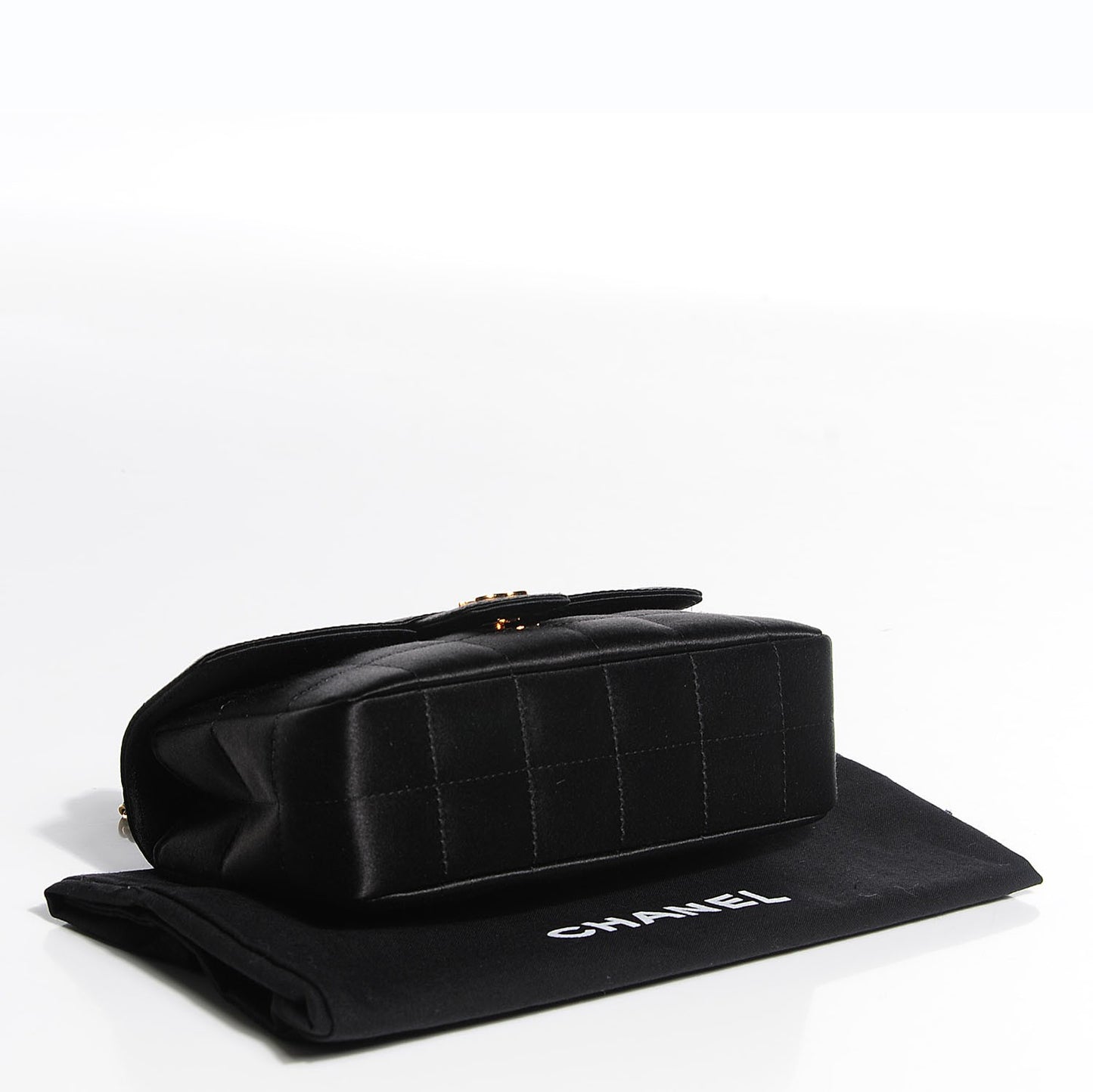 Satin Chocolate Bar Quilted Camellia Rectangular Mini Flap Black