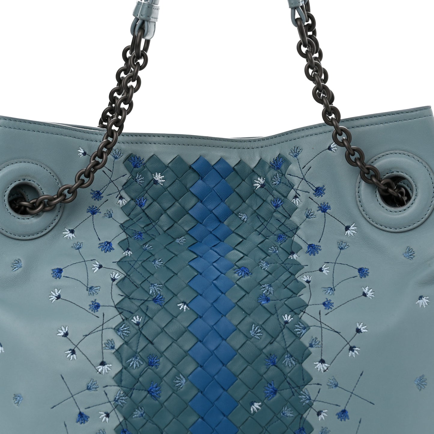Nappa Intrecciato Floral Embroidered Tote Blue