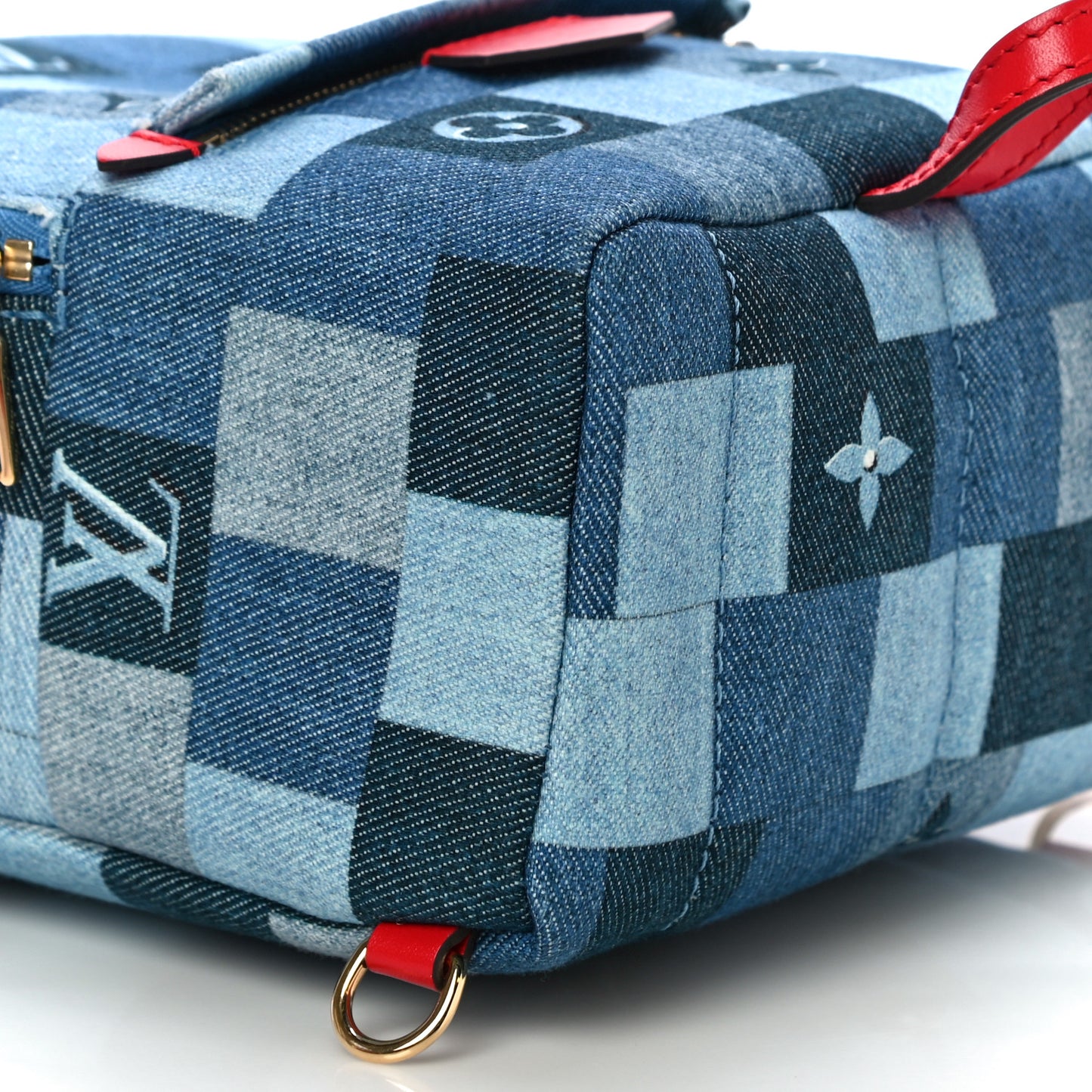 Denim Damier Monogram Patchwork Palm Springs Backpack Mini Blue Rouge