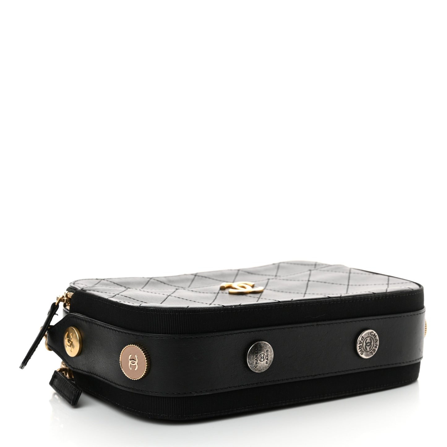 Calfskin Grosgrain Stitched Button Up Camera Case Black