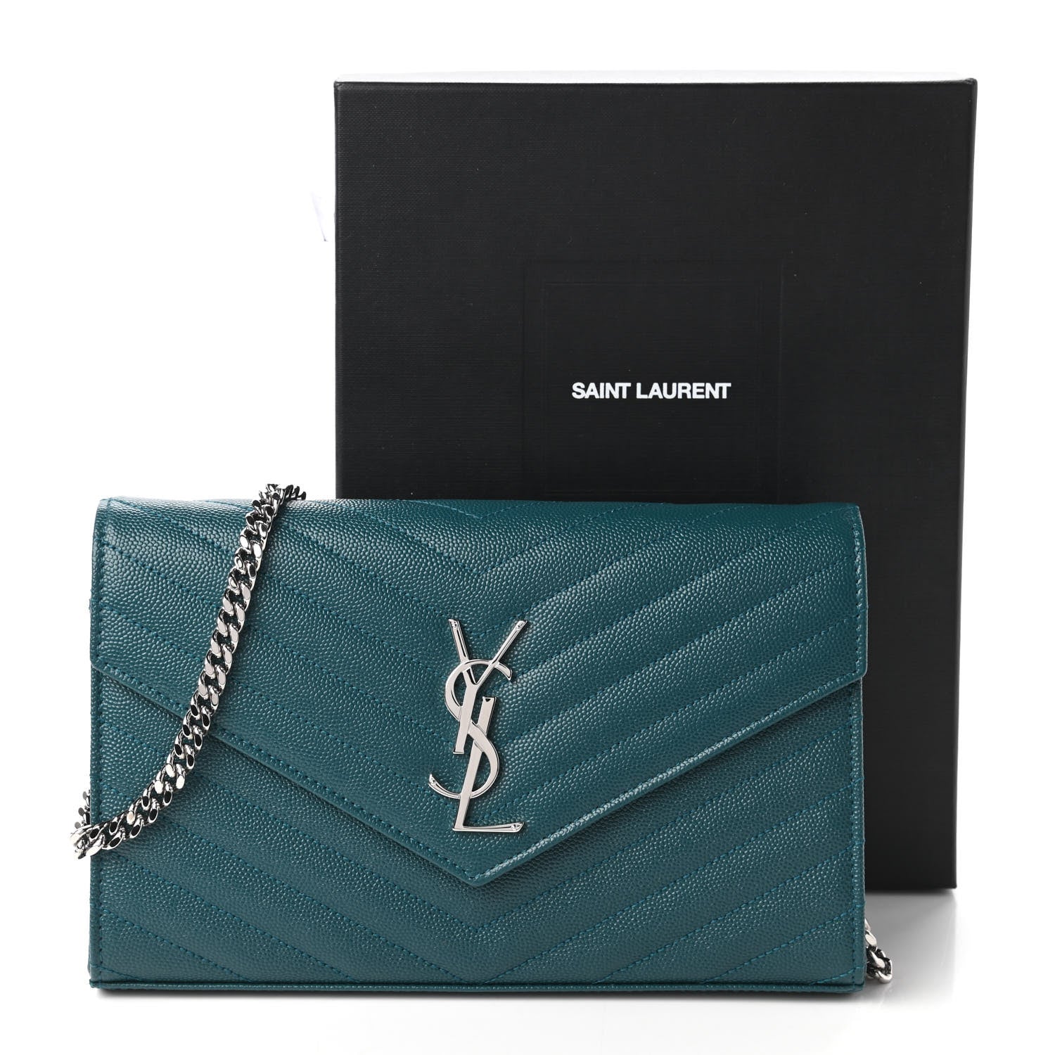 Saint Laurent Grain De Poudre Matelasse Chevron Monogram Chain Wallet Petrol Green 11 of 11