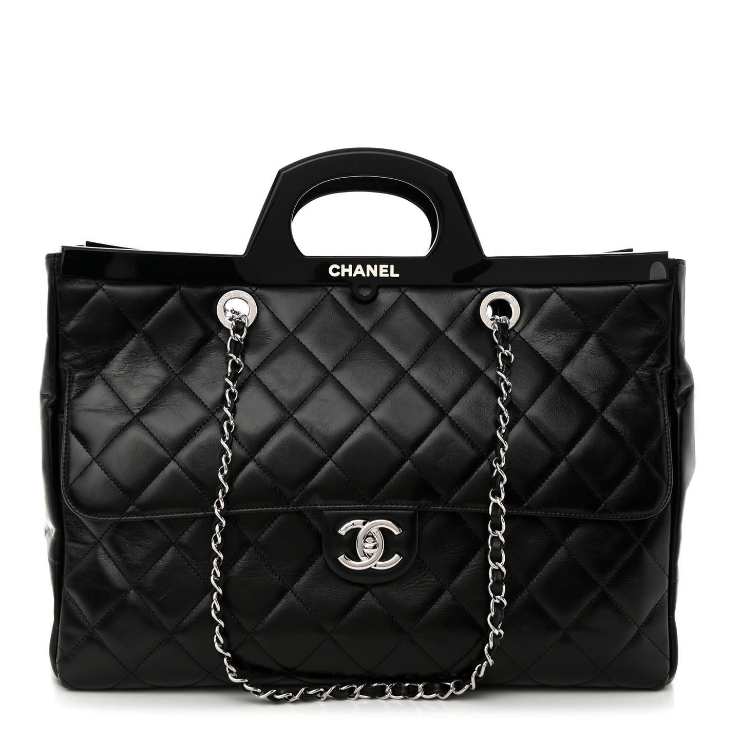 Glazed Calfskin Quilted Large CC Delivery Tote Black