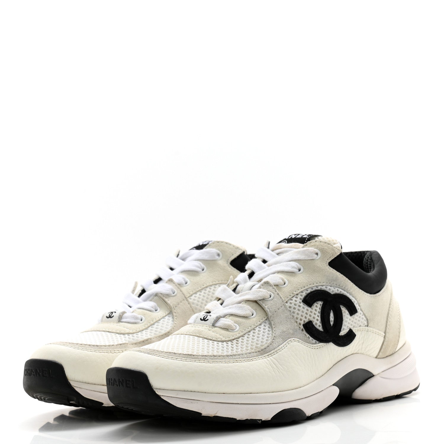 Chanel Mesh Suede Calfskin Grained Calfskin Womens CC Sneakers 39 White Black 3 of 11