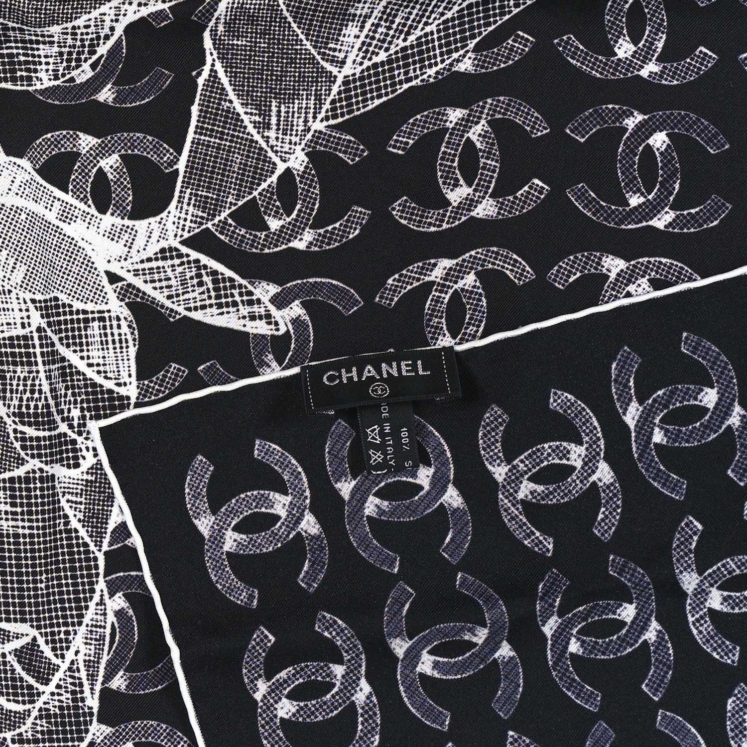 Chanel Cashmere Cotton Silk Logo Square Fringe Black White 2 of 3