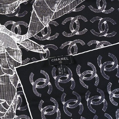 Chanel Cashmere Cotton Silk Logo Square Fringe Black White 2 of 3