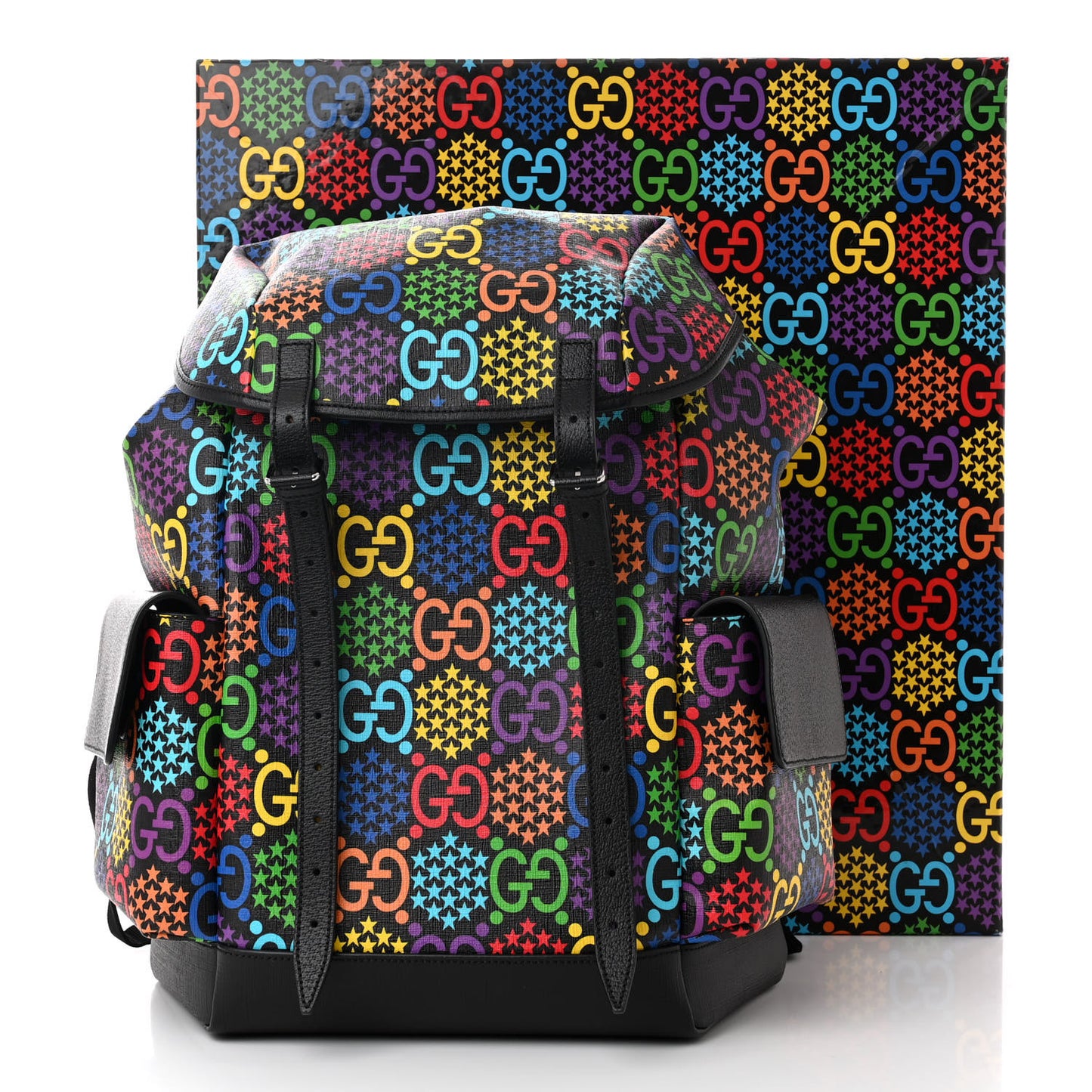 GG Supreme Monogram Psychedelic Medium Double Buckle Backpack Black Multicolor