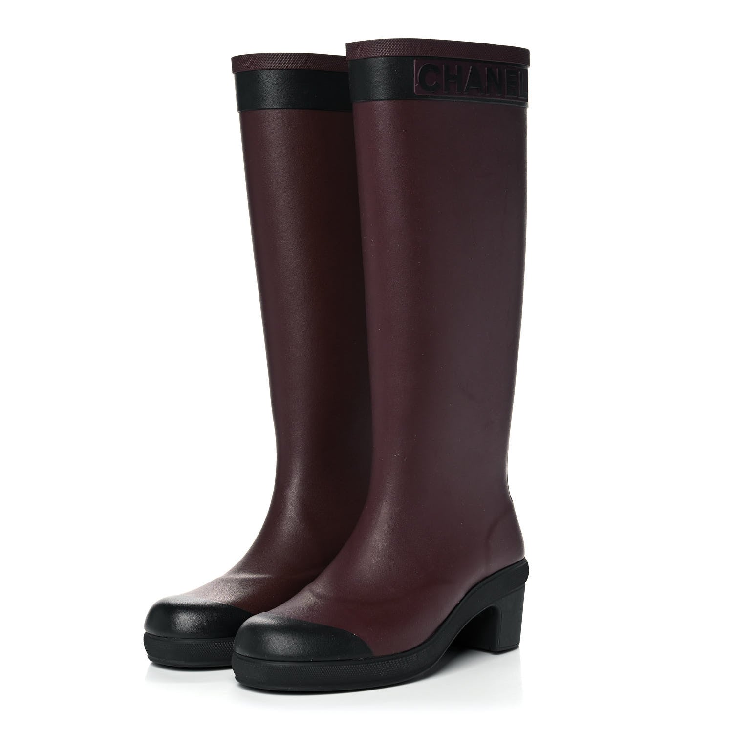 Chanel Rubber Logo Rain Boots 36 Burgundy Black 3 of 9
