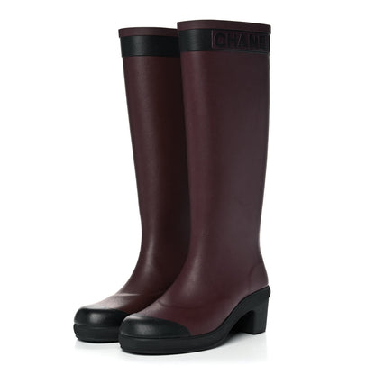 Chanel Rubber Logo Rain Boots 36 Burgundy Black 3 of 9