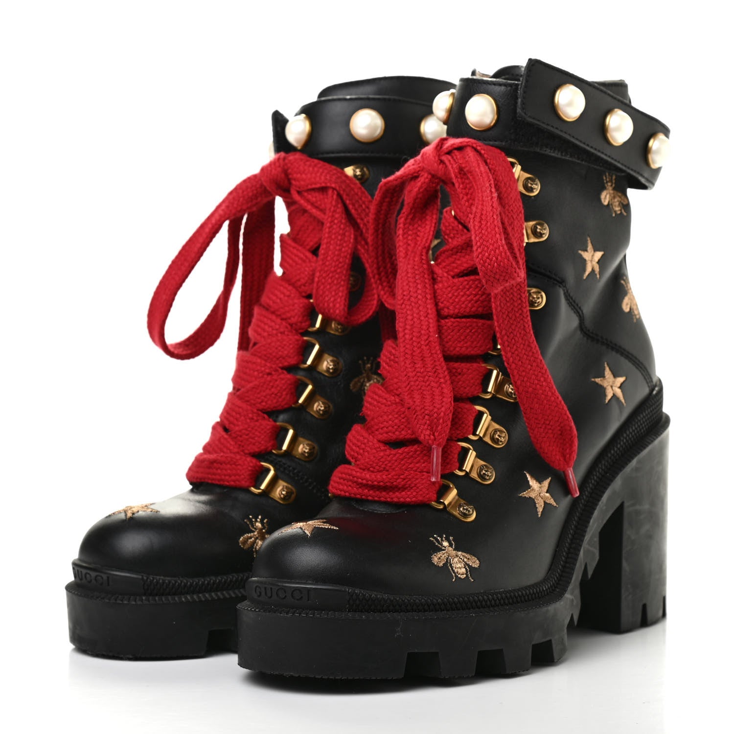Gucci Calfskin Embroidered Lace Up Combat Ankle Boots 36 Black 3 of 14