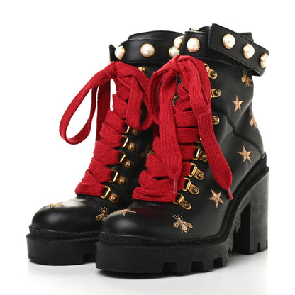 Gucci Calfskin Embroidered Lace Up Combat Ankle Boots 36 Black 3 of 14