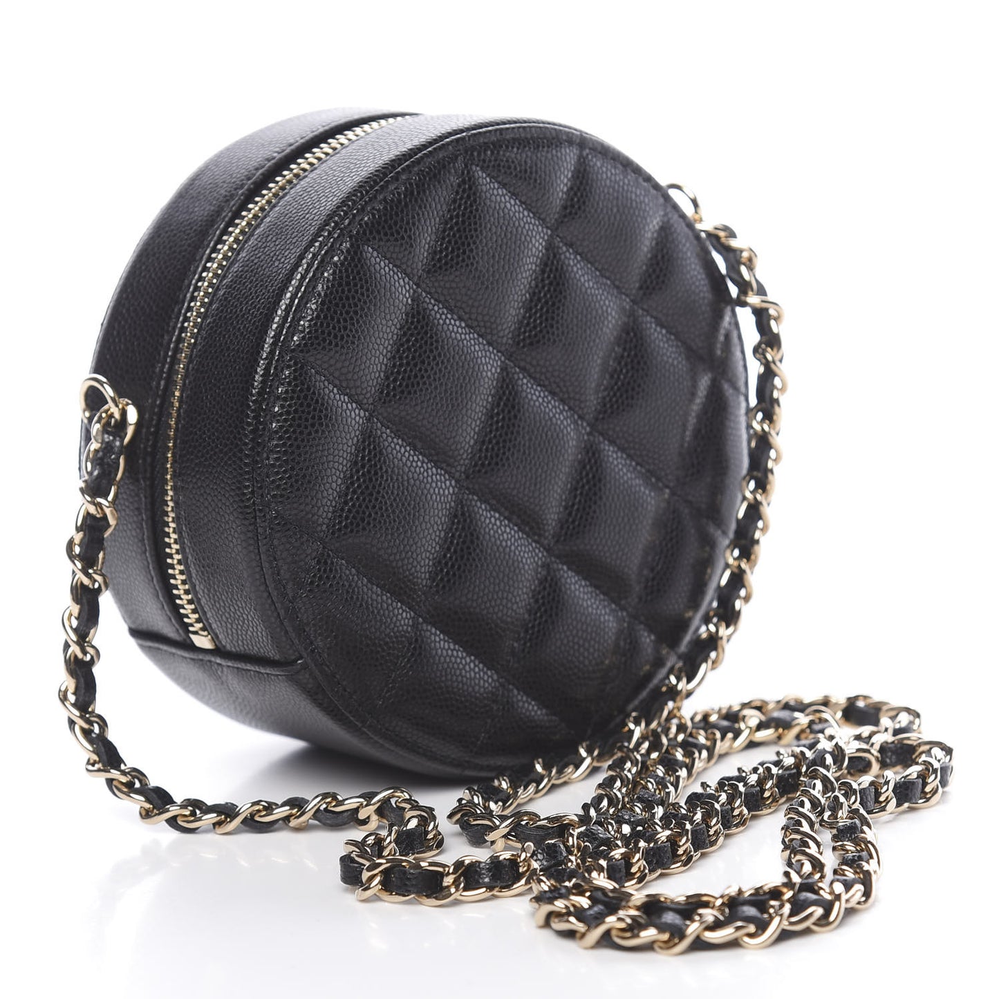 Caviar Quilted French New Wave Round Clutch With Chain Black