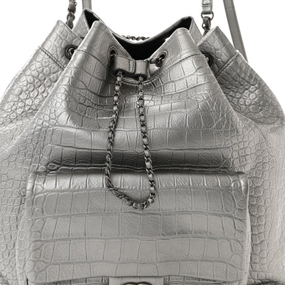Chanel Metallic Calfskin Crocodile Embossed Large Backpack Silver 8 of 10