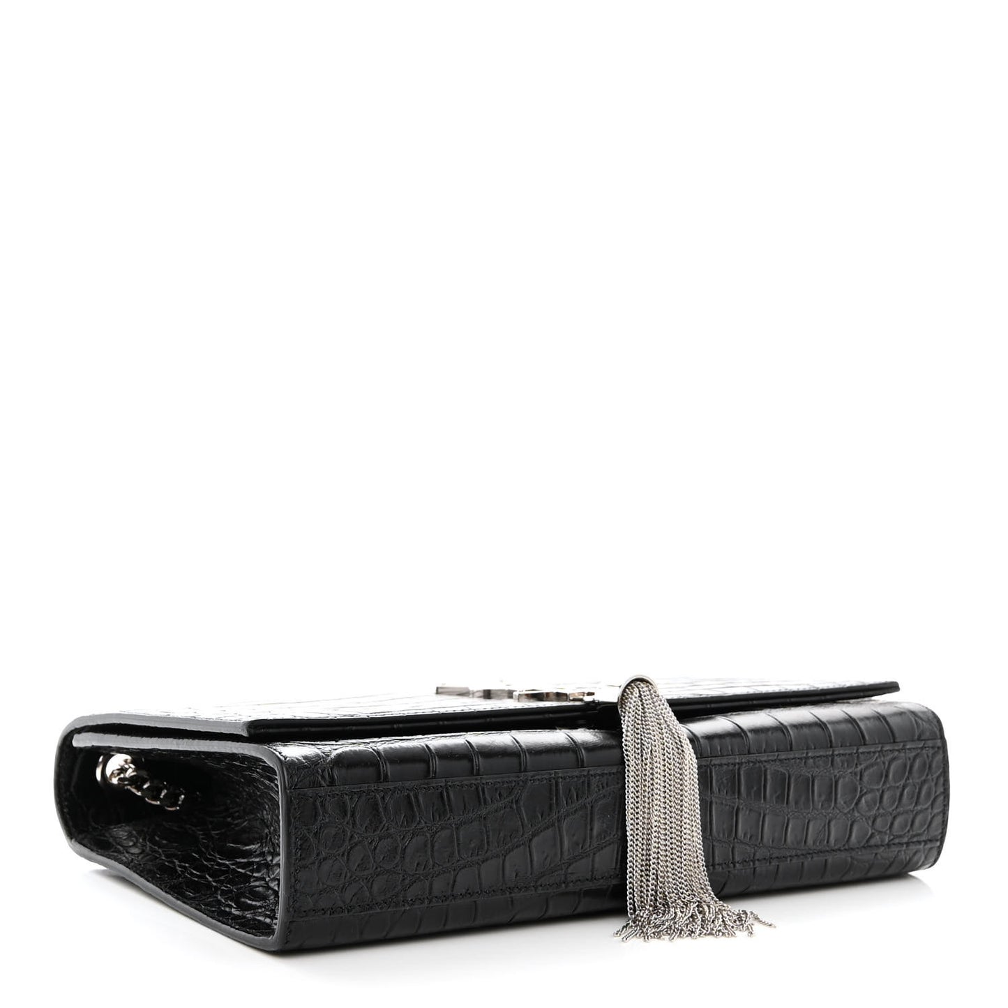 Calfskin Crocodile Embossed Medium Classic Monogram Kate Tassel Satchel Black