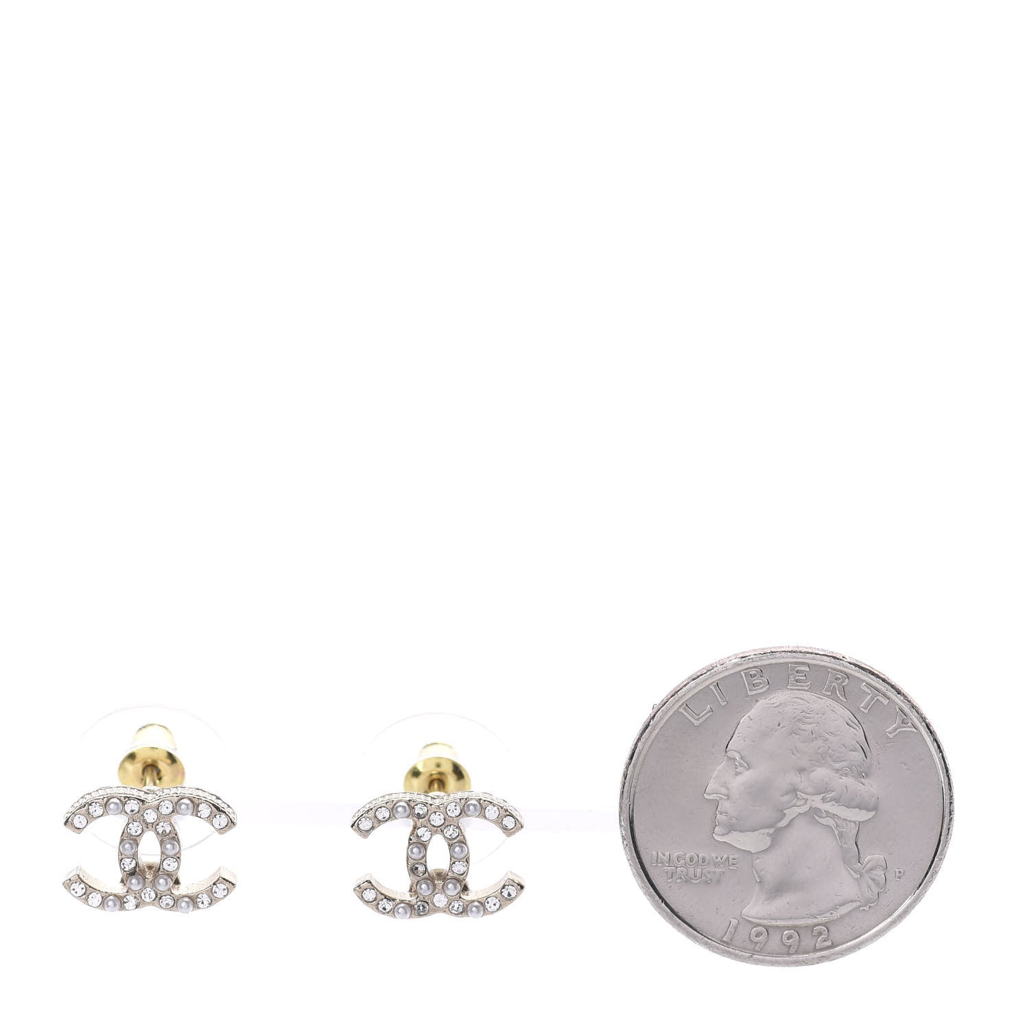 Chanel Pearl Crystal CC Charms Stud Earrings Light Gold 2 of 5