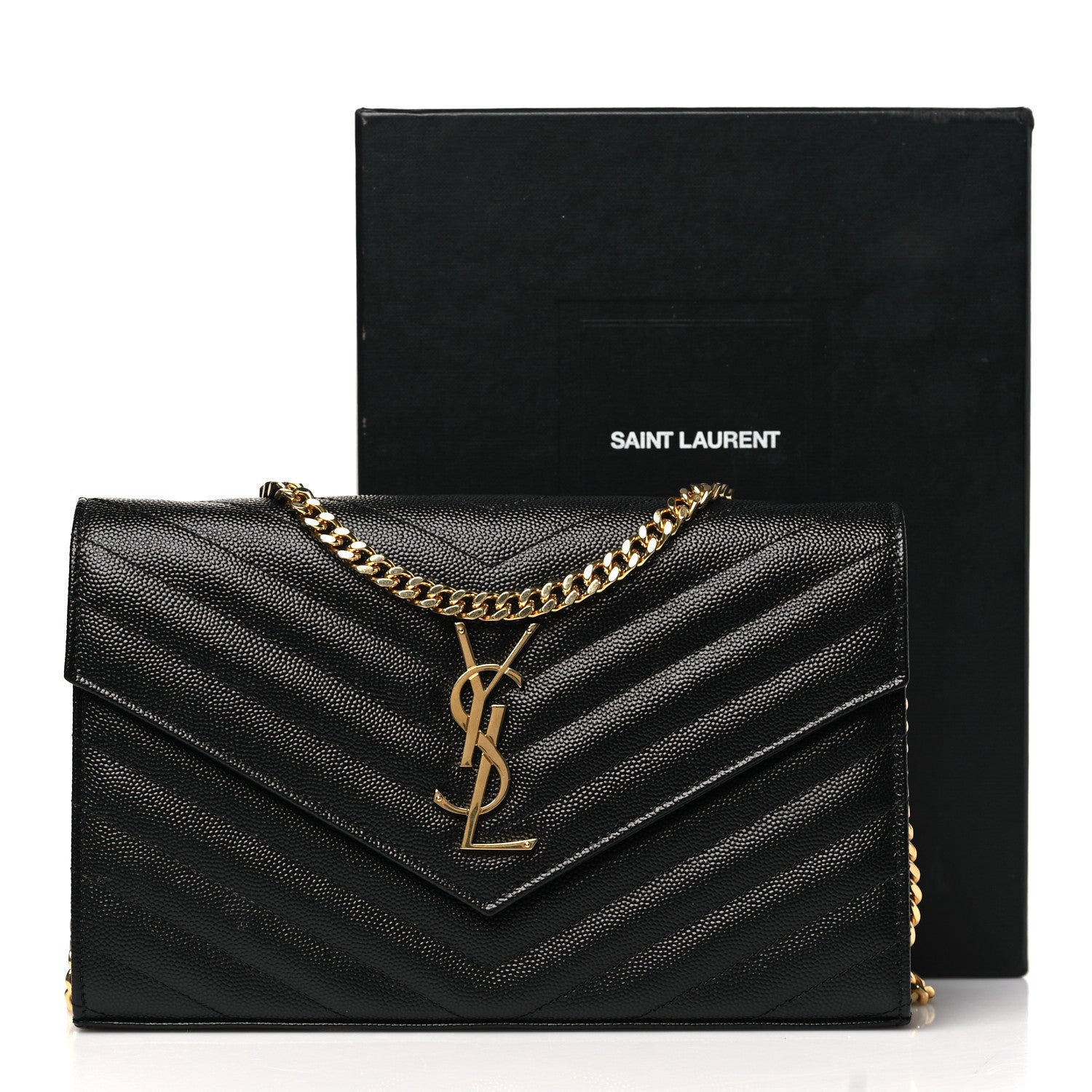 Saint Laurent Grain De Poudre Matelasse Chevron Monogram Chain Wallet Black 11 of 11