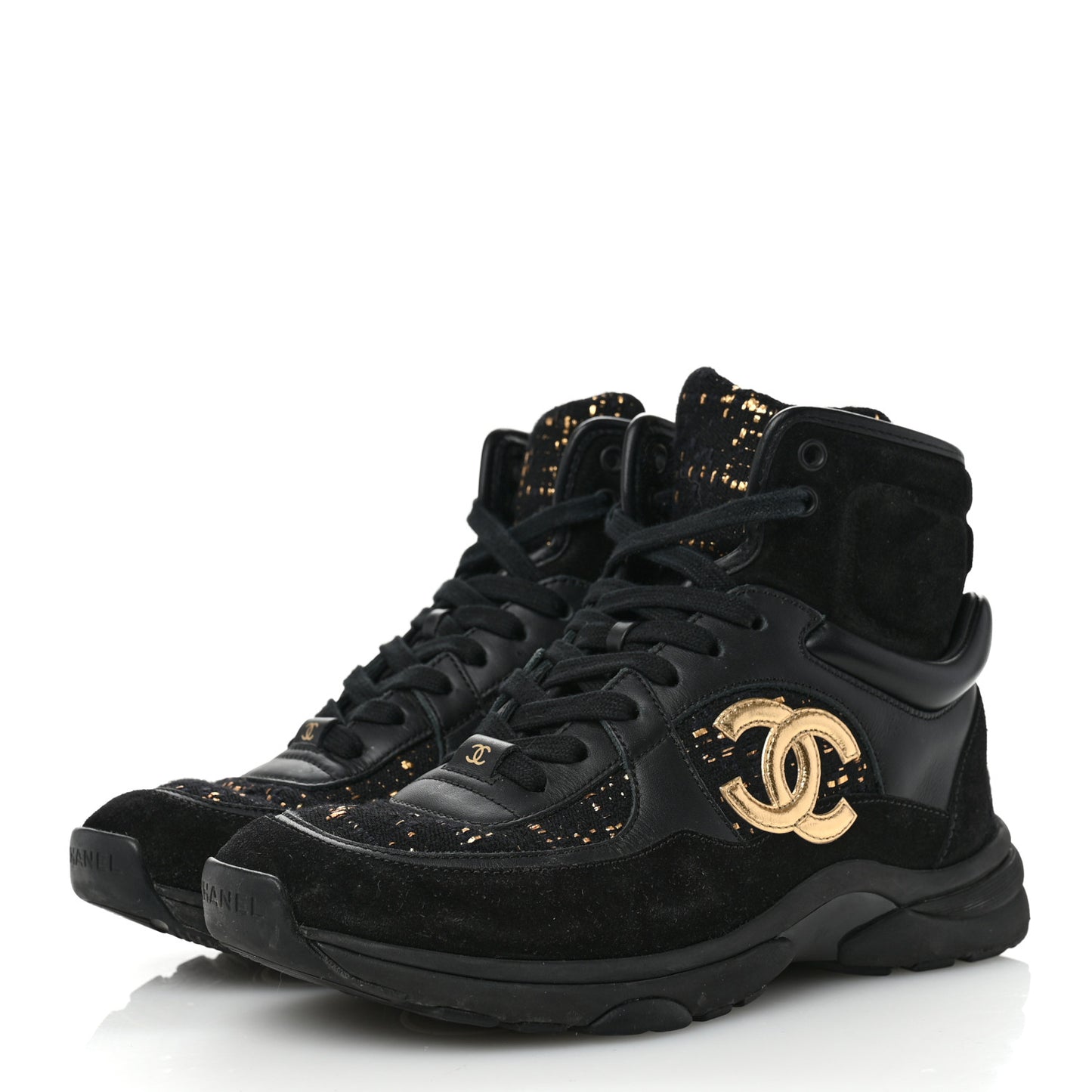 Velour Tweed CC High Top Sneakers 38 Black Gold