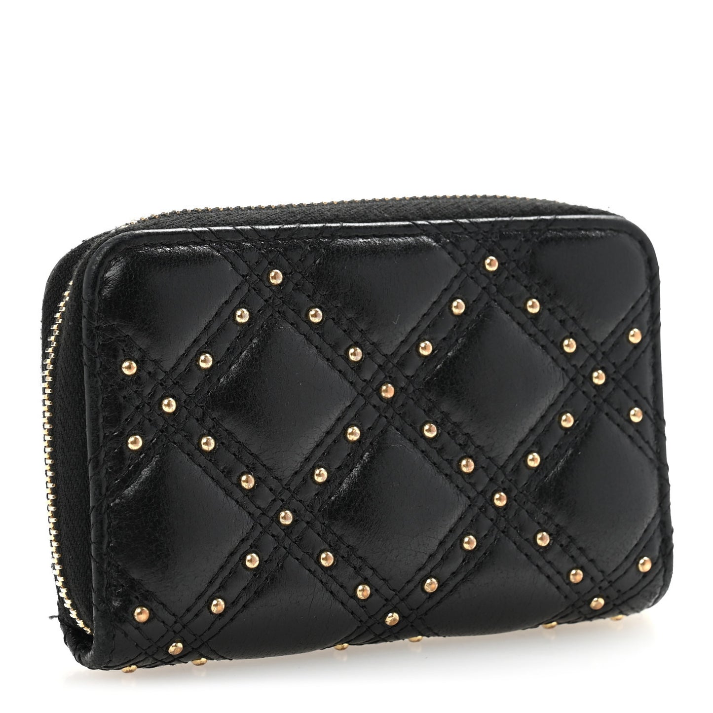 Lambskin Studded Quilted Compact Zip Around Wallet Black