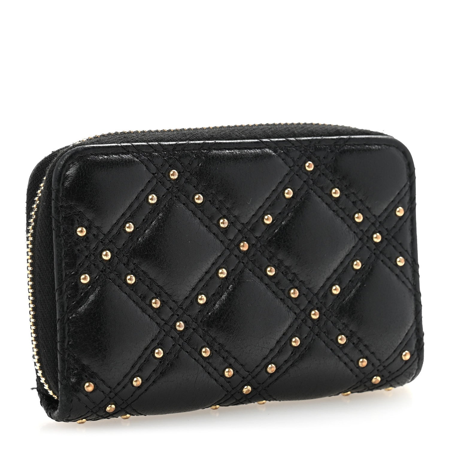 Chanel Lambskin Studded Quilted Compact Zip Around Wallet Black 3 of 9