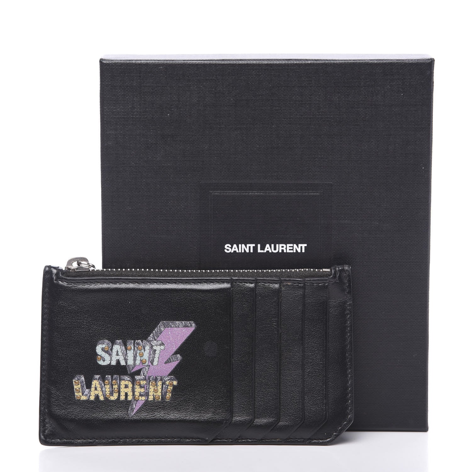 Saint Laurent Calfskin Eclair Fragments Studded Zip Pouch Card Holder Black 7 of 7