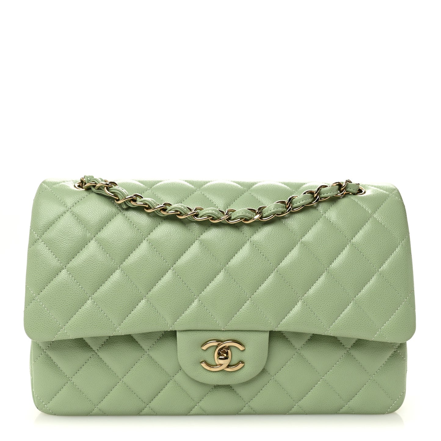 Caviar Quilted Jumbo Double Flap Light Green