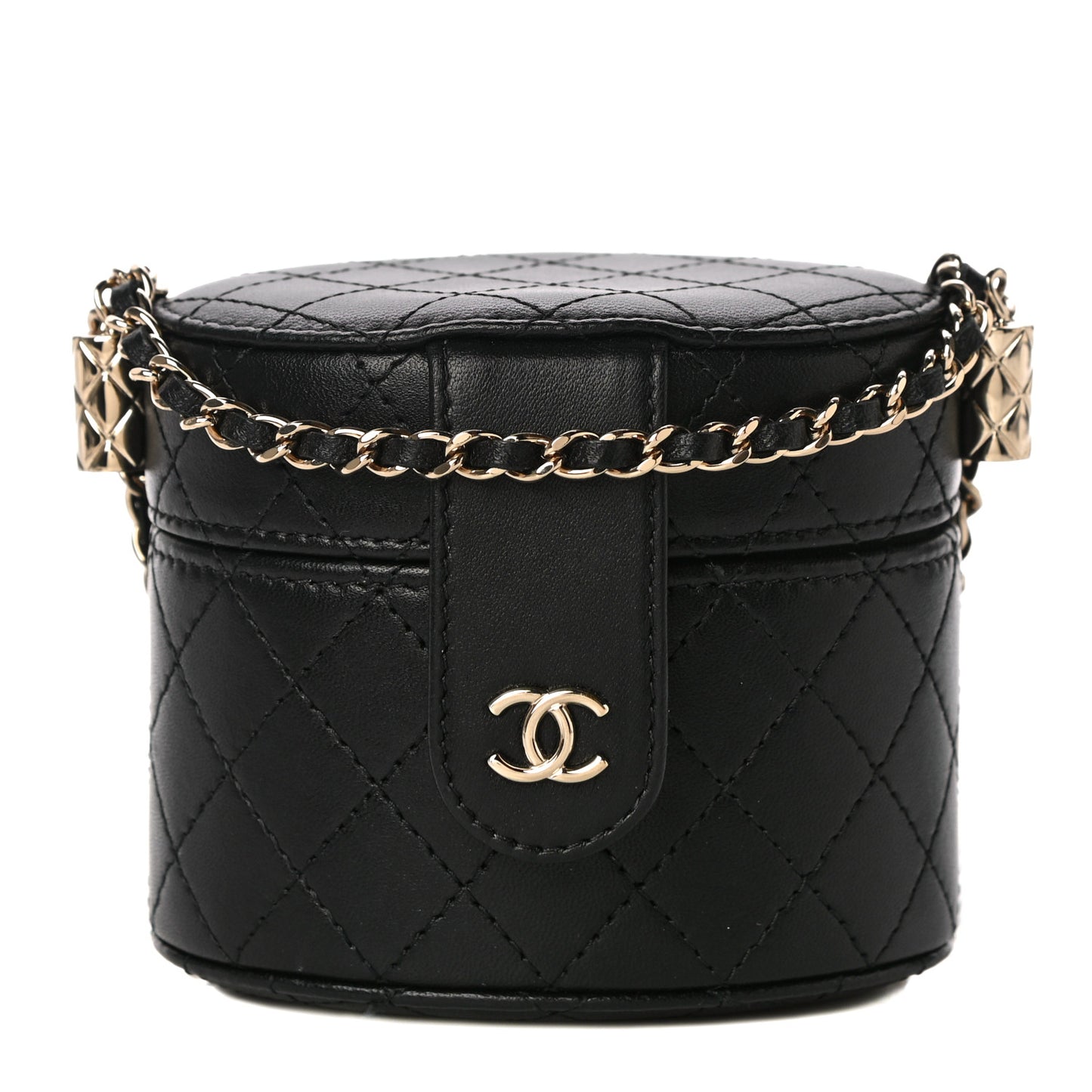 Lambskin Quilted Mini Round Vanity Case With Chain Black