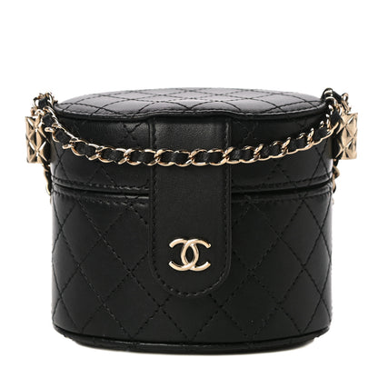 Chanel Lambskin Quilted Mini Round Vanity Case With Chain Black 1 of 14