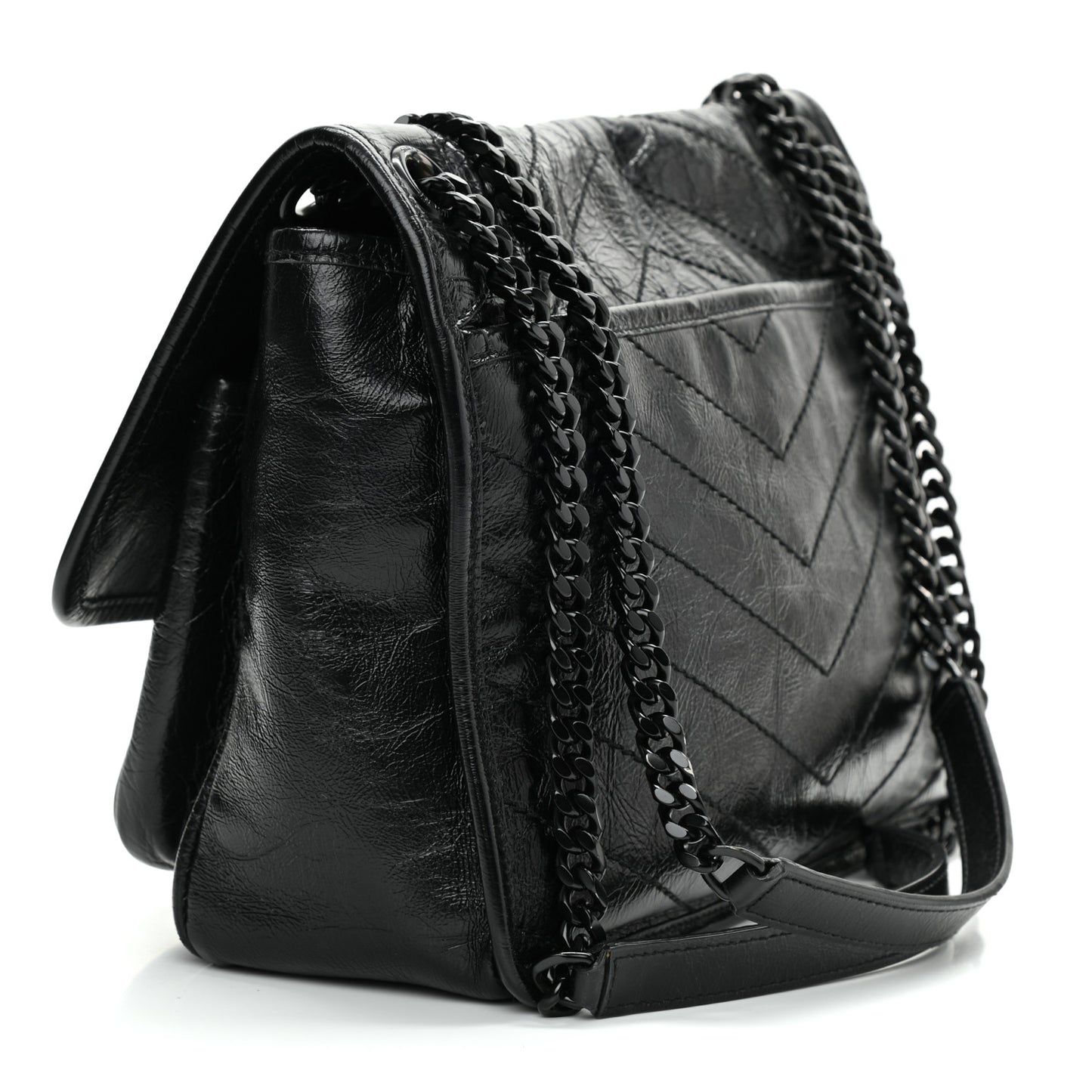 Crinkled Calfskin Matelasse Monogram Medium Niki Chain Satchel Black