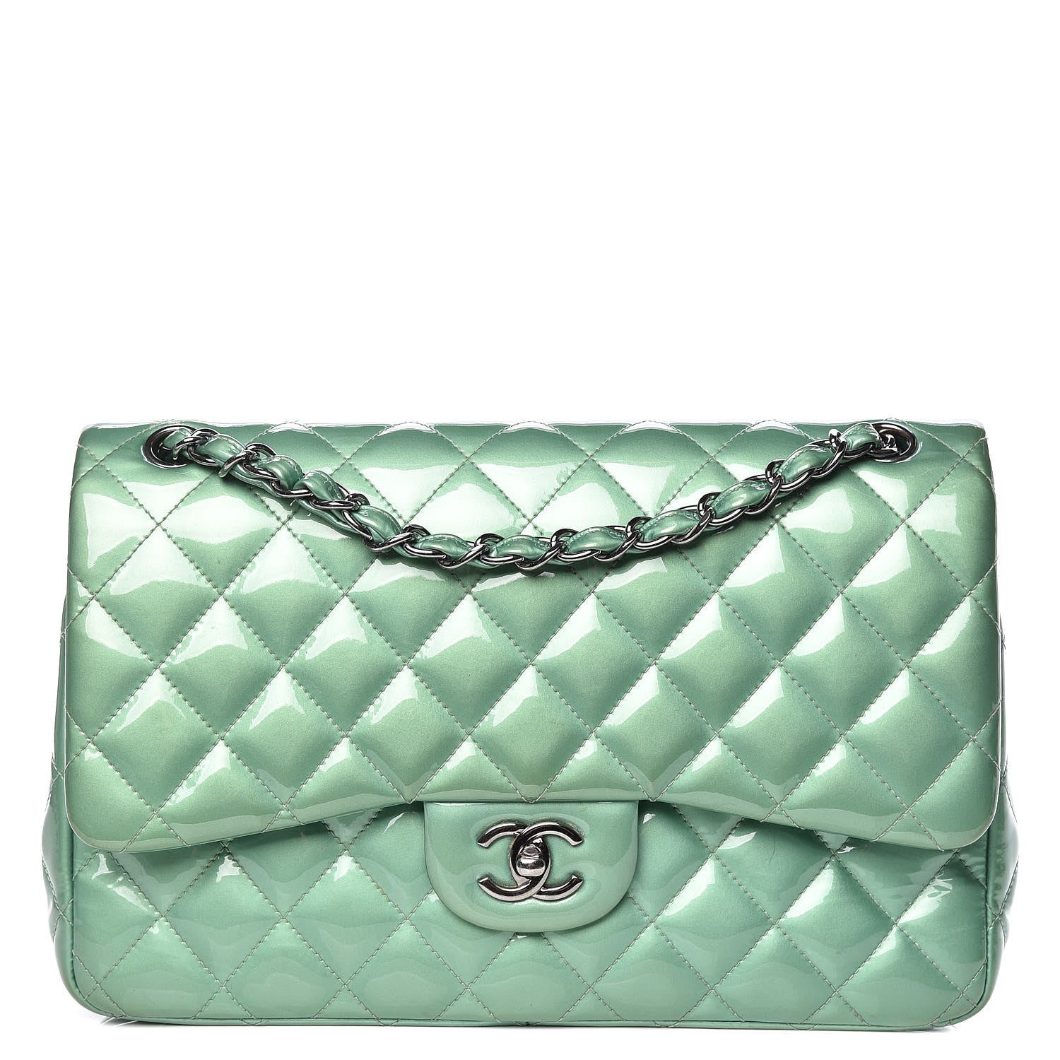 Chanel Patent Quilted Jumbo Double Flap Green 1 of 23