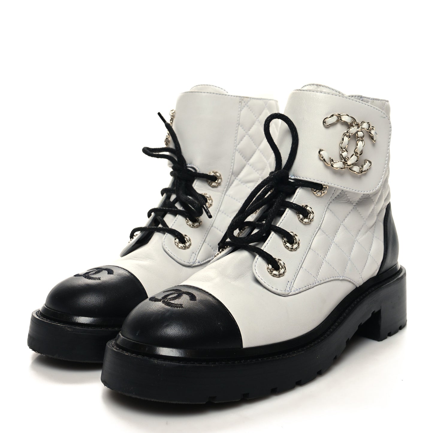 Shiny Lambskin Quilted Lace Up Combat Boots 39.5 White Black