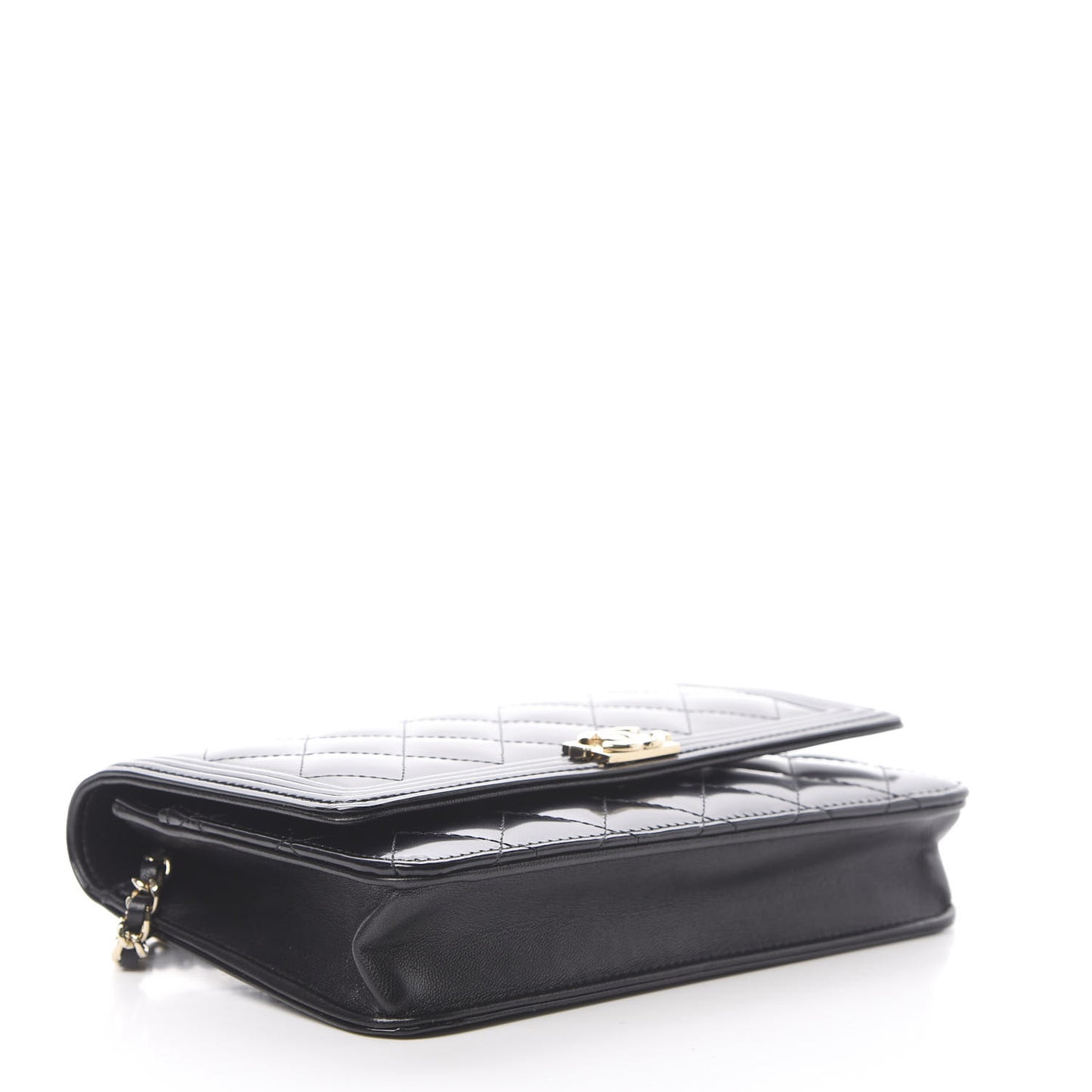 Patent Calfskin Quilted Boy Wallet On Chain WOC Black