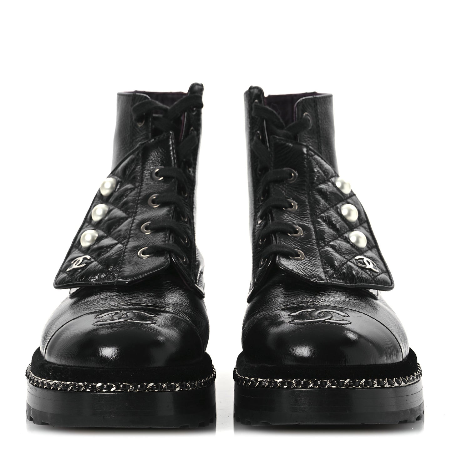 Crackled Calfskin Velvet Pearl Combat Short Boots 37 Black