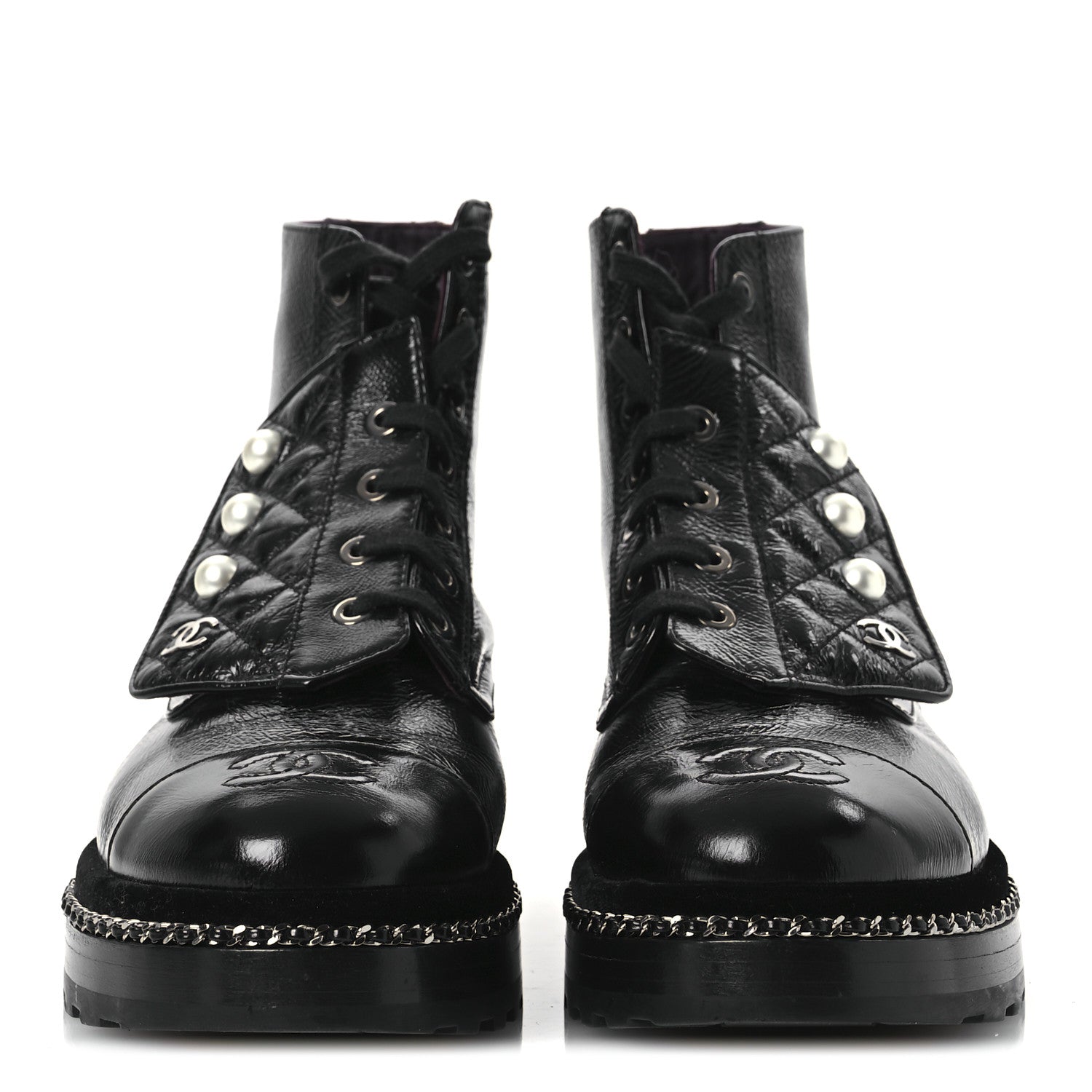 Chanel Crackled Calfskin Velvet Pearl Combat Short Boots 37 Black 3 of 11