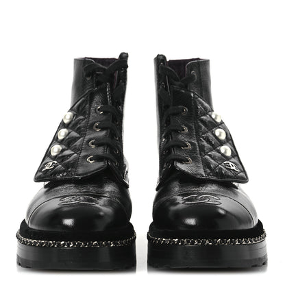Chanel Crackled Calfskin Velvet Pearl Combat Short Boots 37 Black 3 of 11