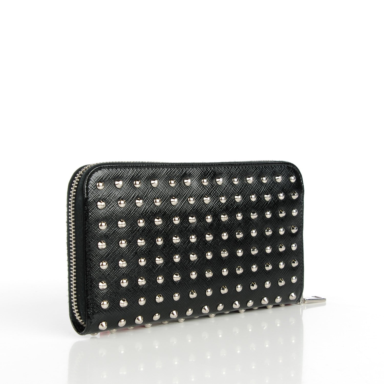 Prada Saffiano Vernice Studded Zip Around Wallet Black 3 of 8