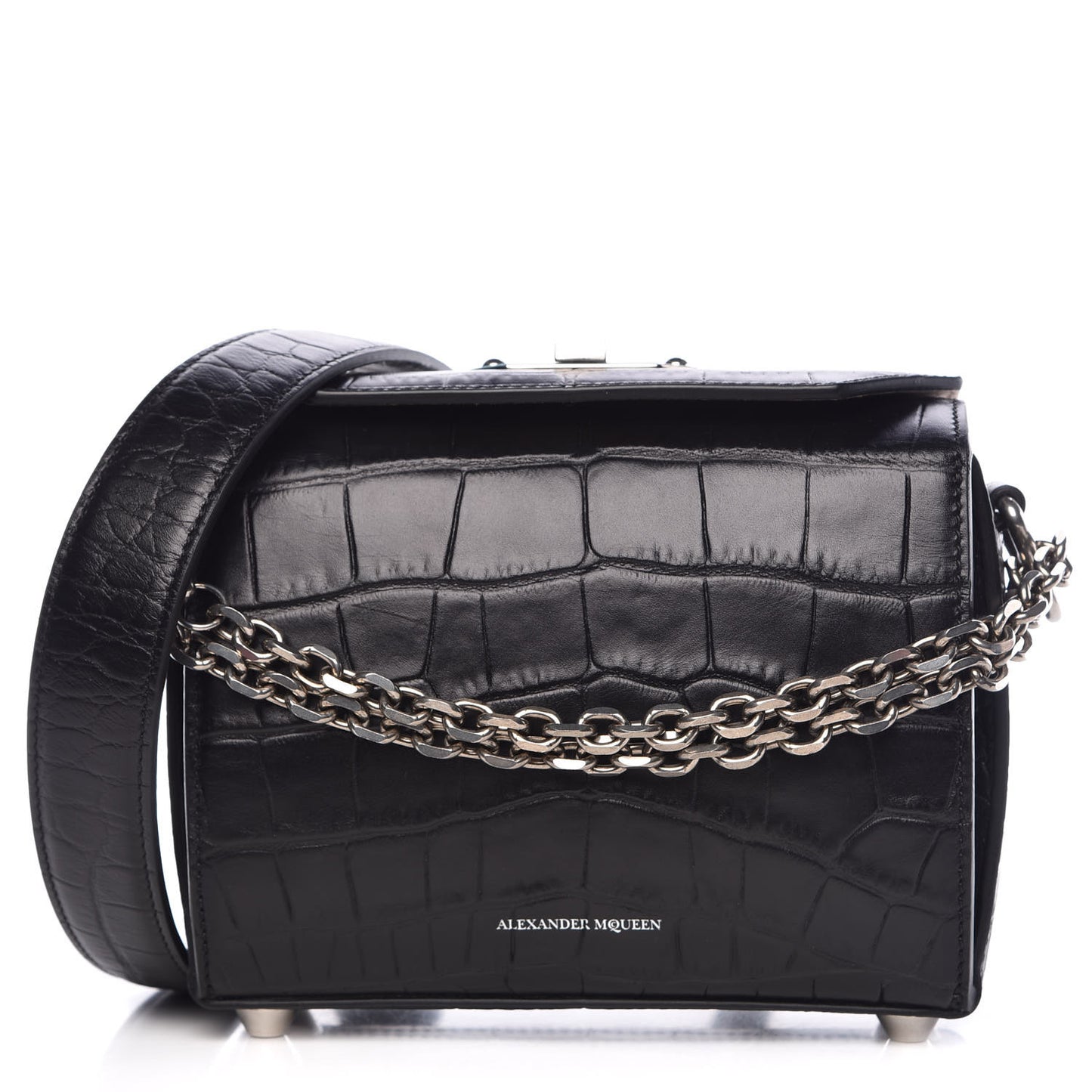 Calfskin Crocodile Embossed Box Shoulder Bag 19 Black