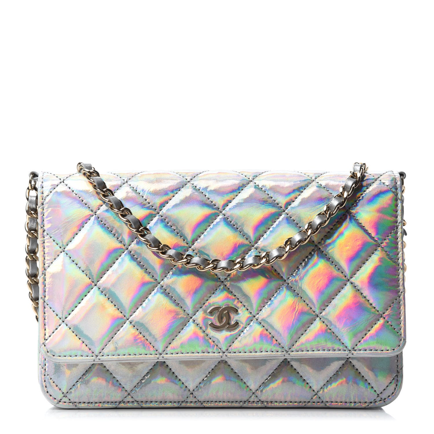 Chanel Iridescent Goatskin Quilted Wallet On Chain WOC Silver 1 of 12