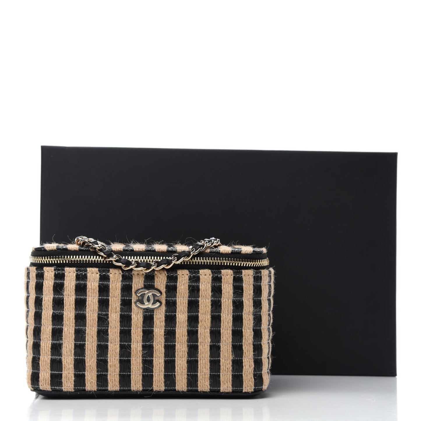Raffia Jute Striped Small Vanity Case With Chain Black Beige