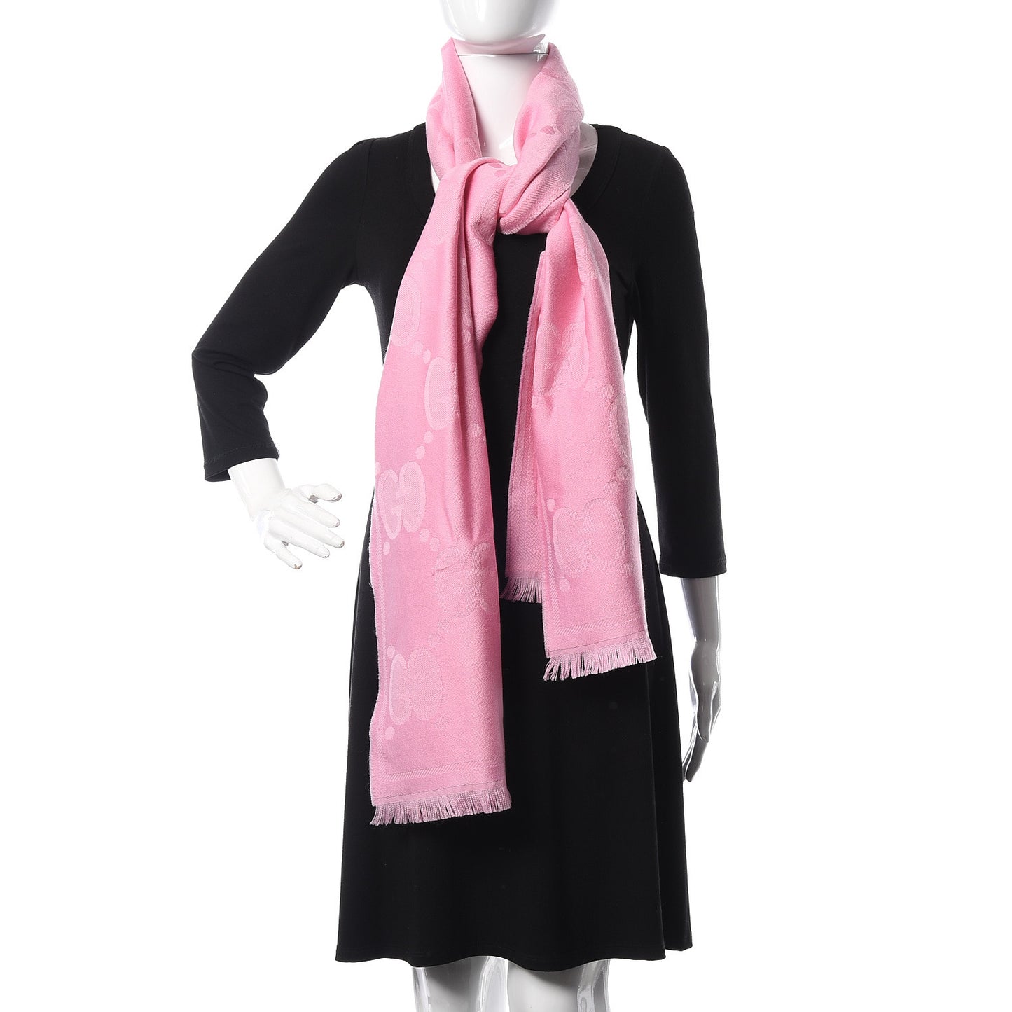 Wool Jacquard GG Monogram Fringe Scarf Pink