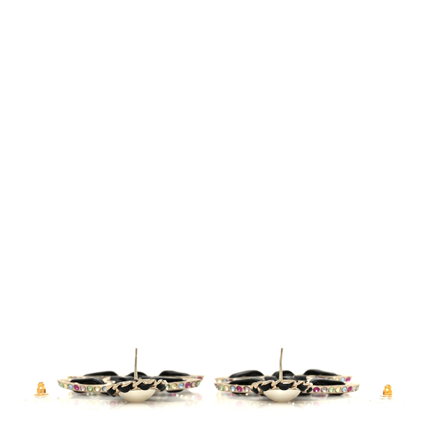 Pearl Lambskin Crystal Chain CC Drop Earrings Black Gold Multicolor