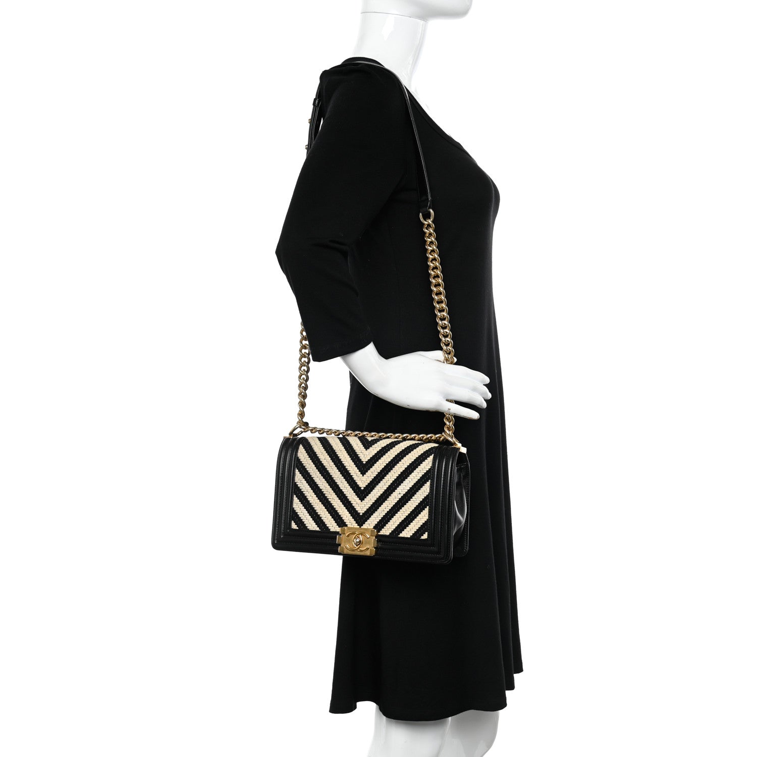 Chanel Fabric Chevron Braided Medium Boy Flap Black White 2 of 10