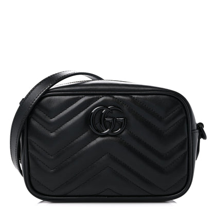 Gucci Calfskin Matelasse Monochrome Mini GG Marmont Chain Shoulder Bag Black 1 of 9