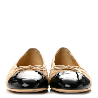 Chanel Lambskin Patent Double Stitched CC Cap Toe Ballerina Flats 37 Beige Black 3 of 10
