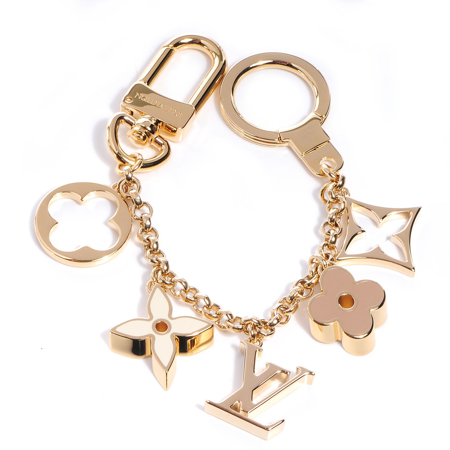 Brass Enamel Fleur De Monogram Bag Charm Chain Gold