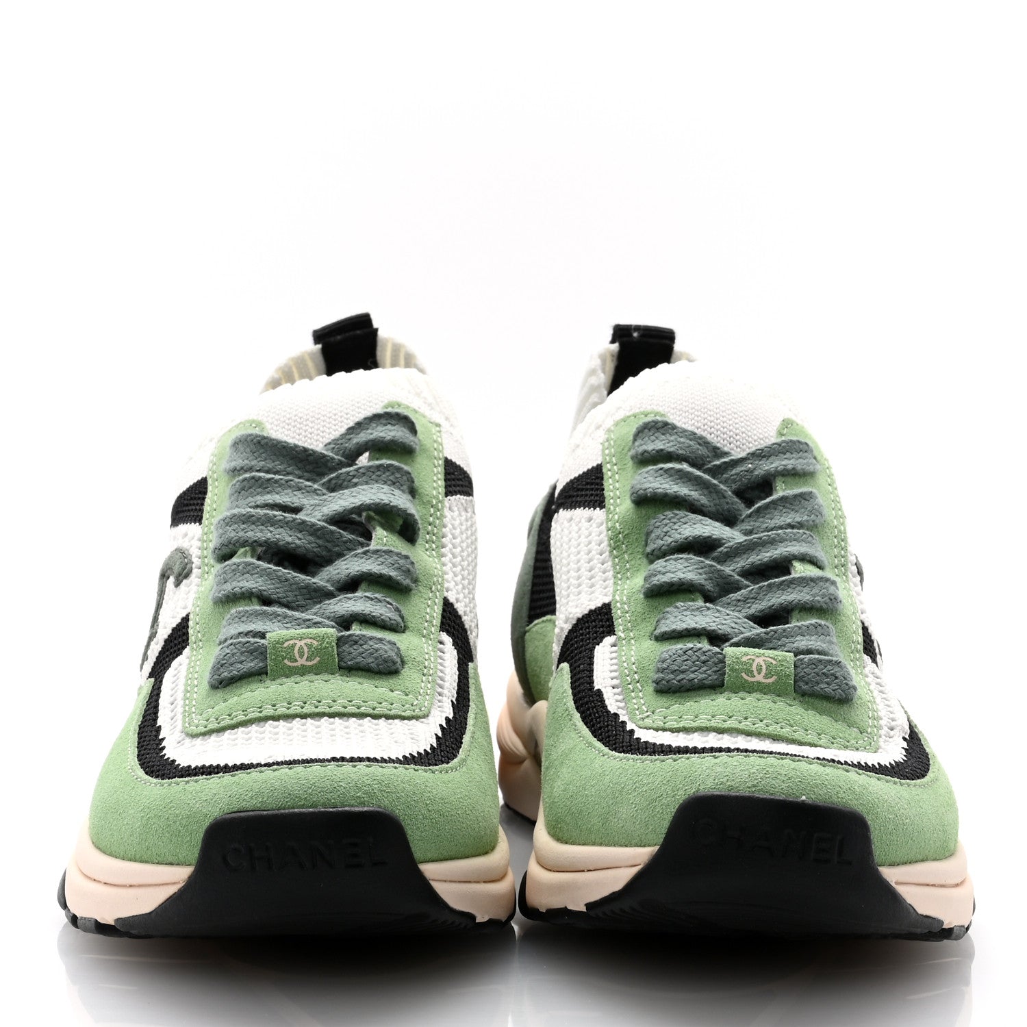 Chanel Knit Suede Fabric Womens CC Sneakers 37 Green Dark Green White Black 2 of 9