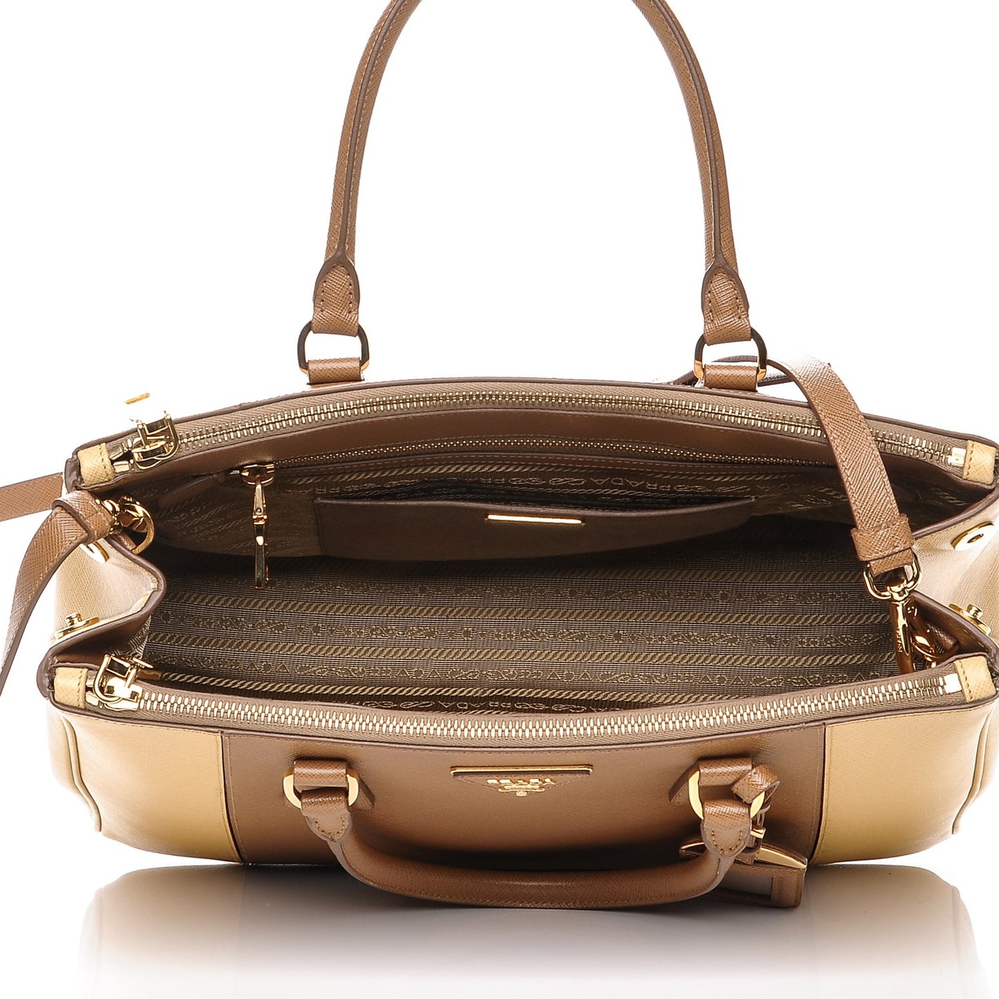 Saffiano Lux Medium Bi-Color Double Zip Tote Caramel Gine