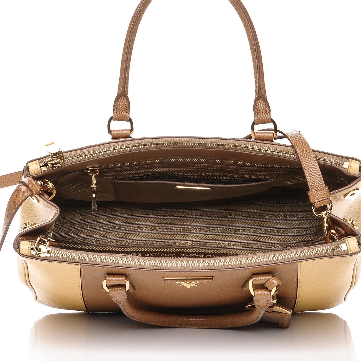Prada Saffiano Lux Medium Bi-Color Double Zip Tote Caramel Gine 5 of 7