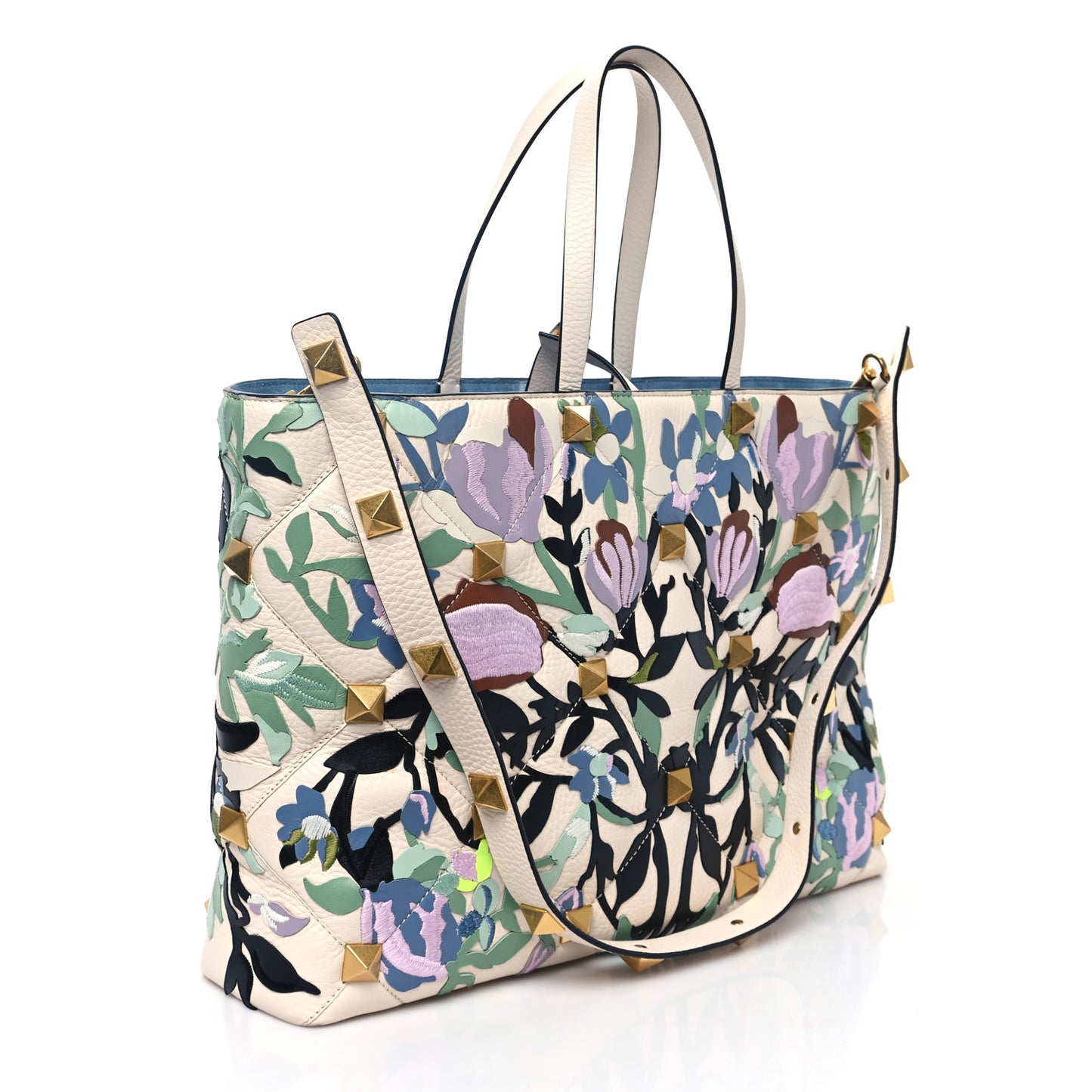 Grained Calfskin Embroidered Large Roman Stud Tote Multicolor